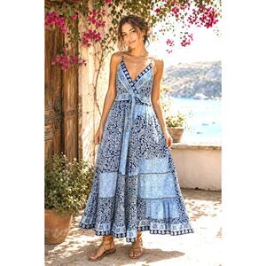 Coastal Nautical Beachy Boho Blue Patch Work Summer Vacation Maxi Dress Size M
